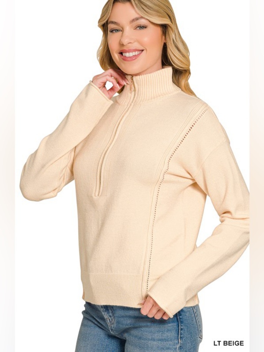 Women's Cream Half-Zip Mock Neck Sweater